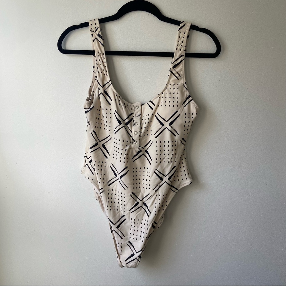 Aerie Cream and Black One Piece Swimsuit with Geometric Design